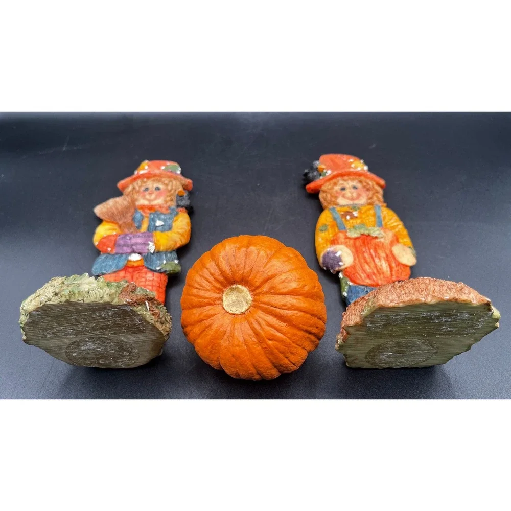 Resin Scarecrow Tea Light Candle Holder Set w/ Pumpkin Fall Harvest Decor 3pc